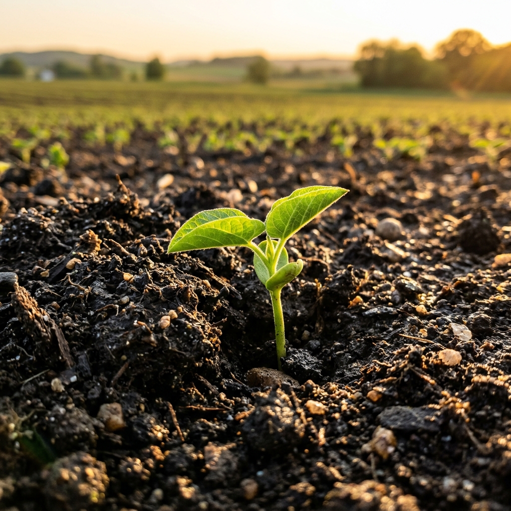 Brote verde creciendo en tierra fertil y oscura, agricultura regenerativa